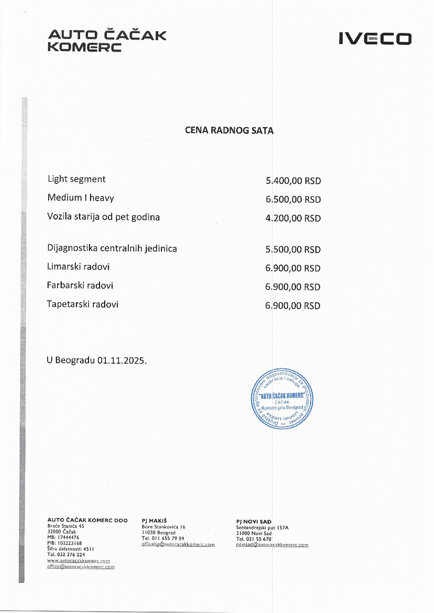 OBAVEŠTENJE O IZMENI CENA RADNIH SATI